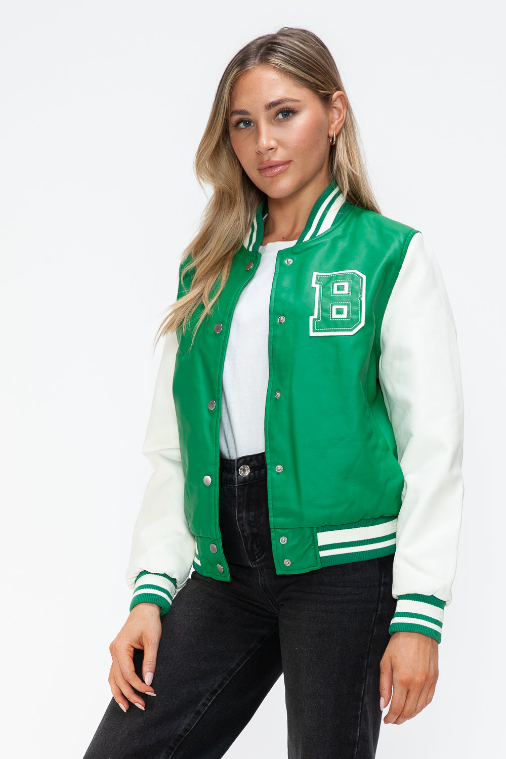 Love Me Now PU Leather Contrast Snap Down Bomber Jacket-Angel Casuals