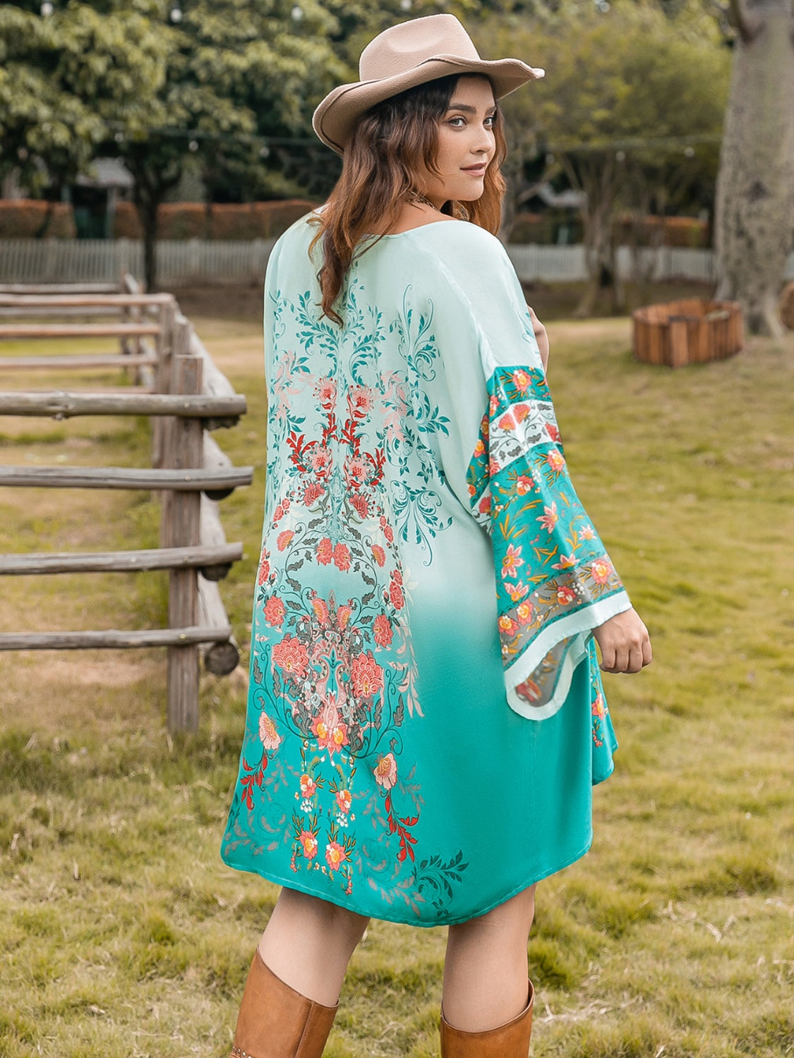 Plus Size Printed Open Front Long Sleeve Cover Up-Angel Casuals