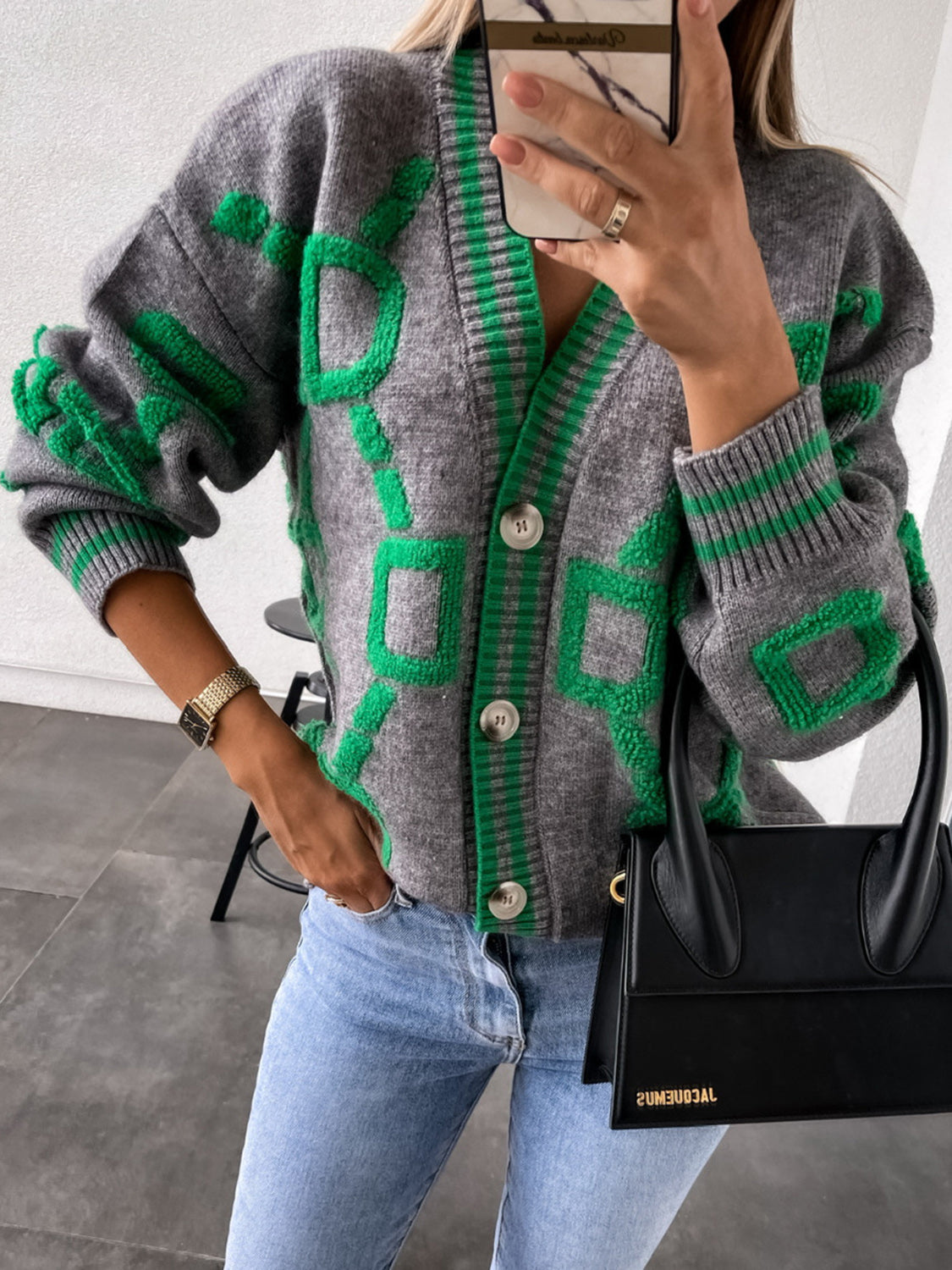 Geometric Dropped Shoulder Button Down Cardigan-Angel Casuals