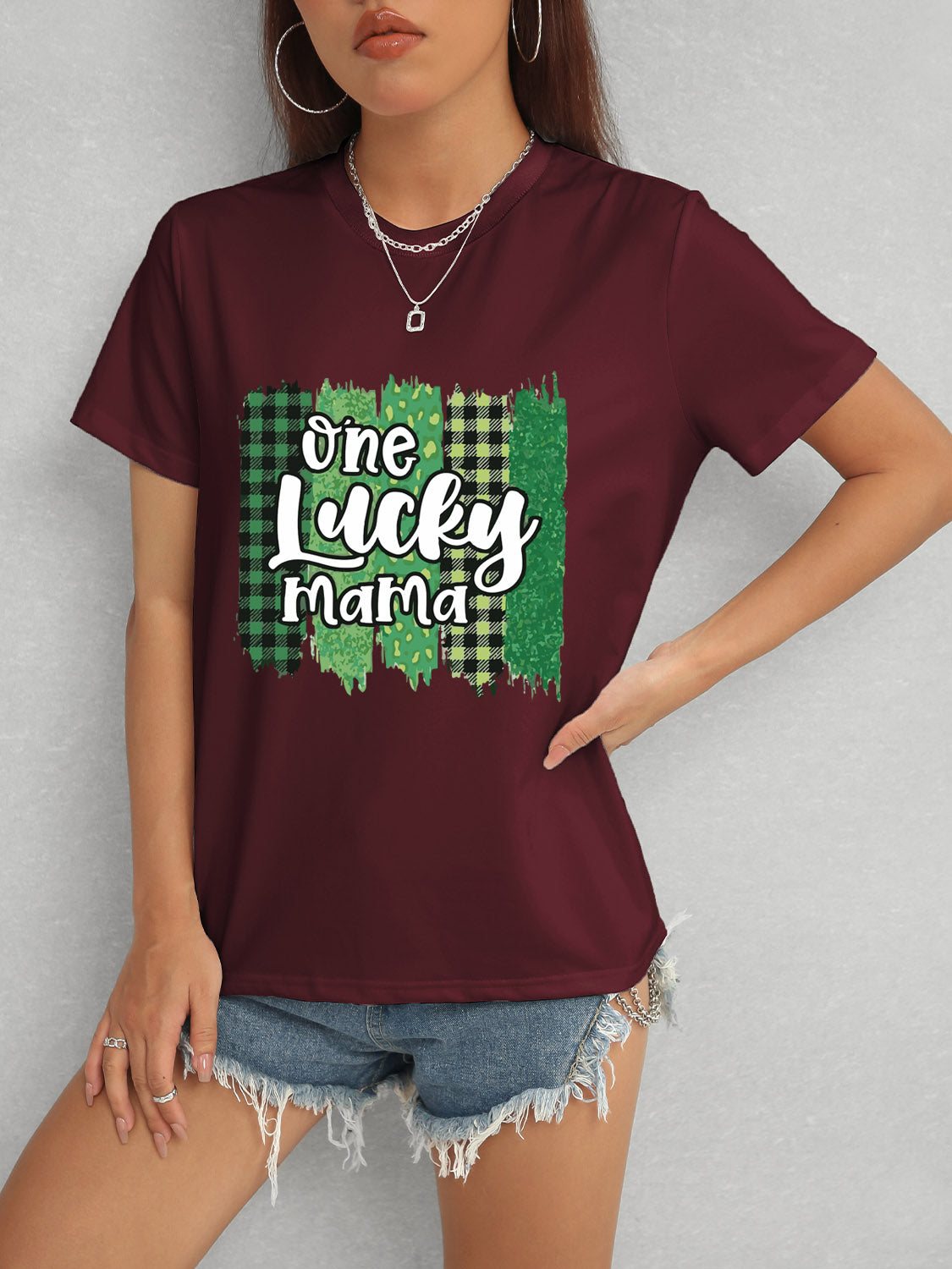ONE LUCKY MAMA Round Neck T-Shirt-Angel Casuals