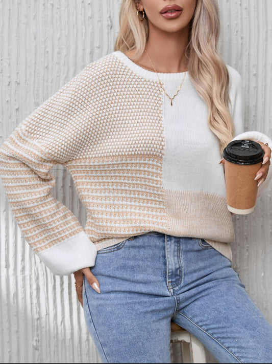 Contrast Round Neck Long Sleeve Sweater-Angel Casuals