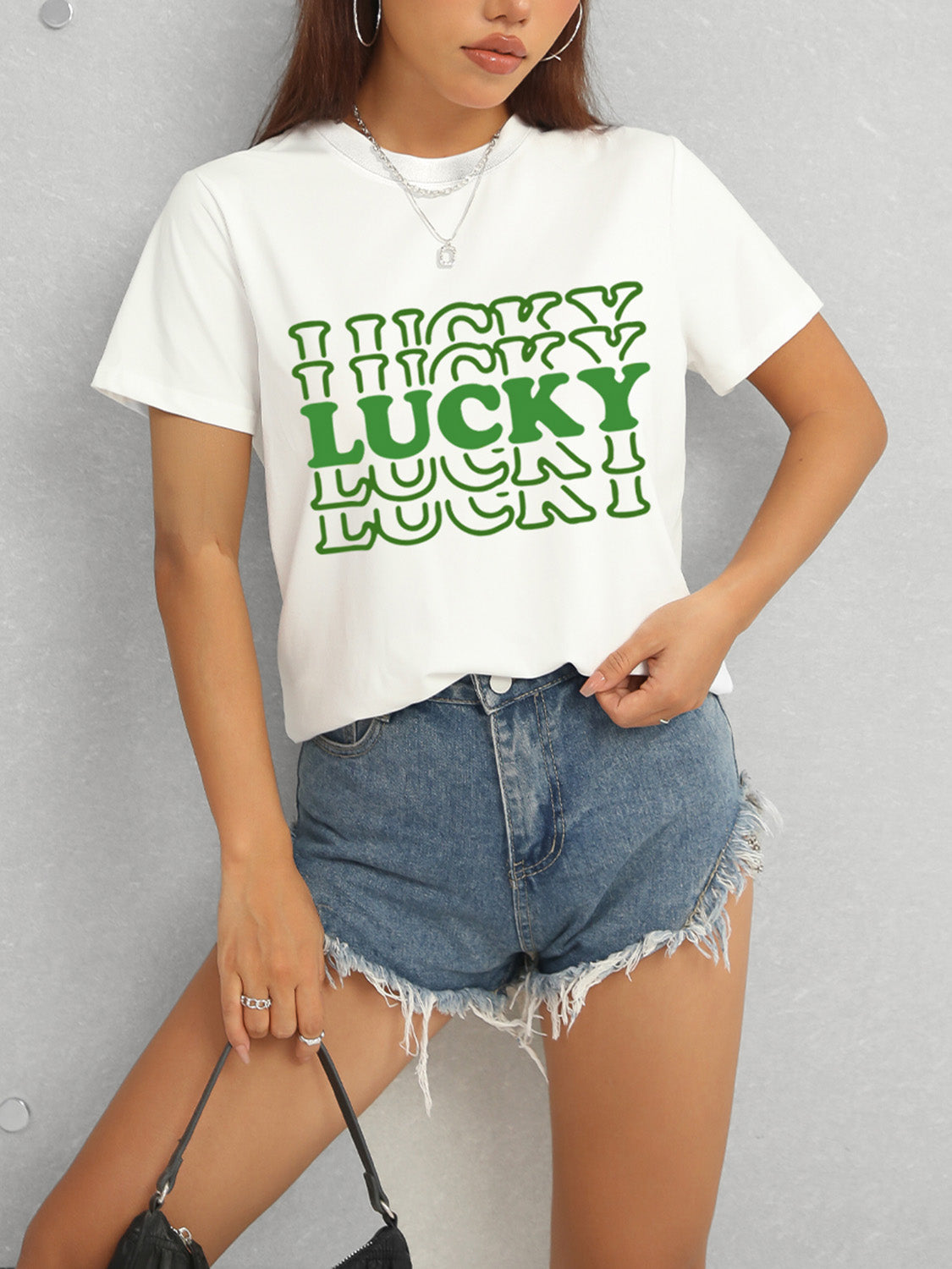 LUCKY Round Neck Short Sleeve T-Shirt-Angel Casuals