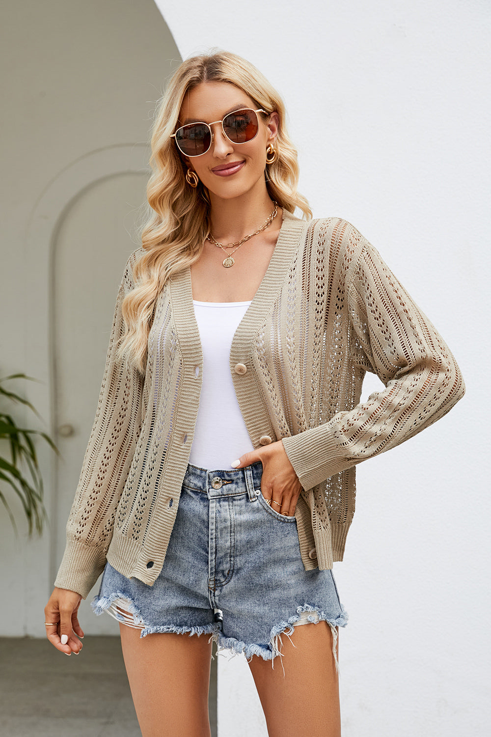 Openwork Button Front V-Neck Cardigan-Angel Casuals