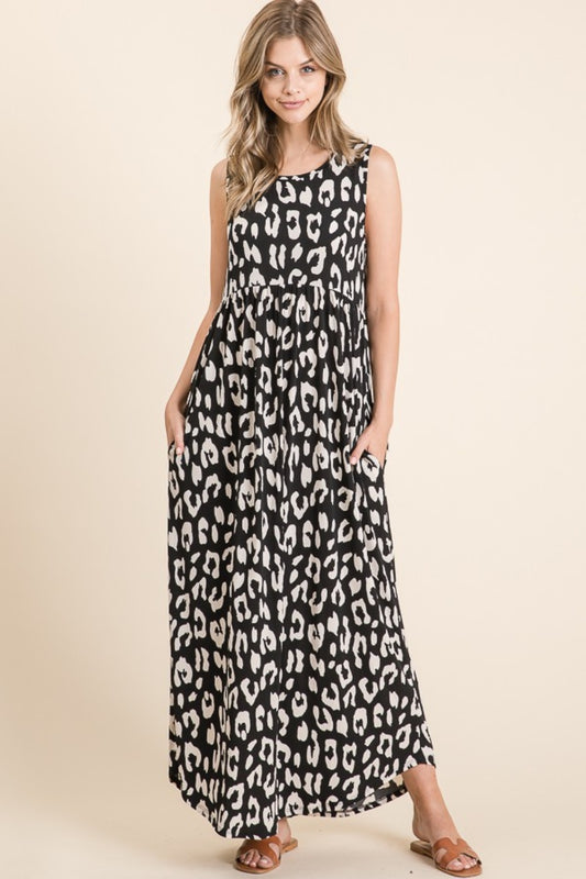 BOMBOM Leopard Maxi Dress with Pockets-Angel Casuals