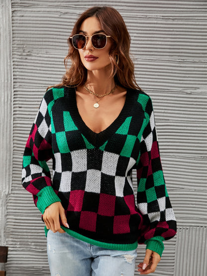 Angel Wings Checkered V-Neck Lantern Sleeve Sweater-Angel Casuals