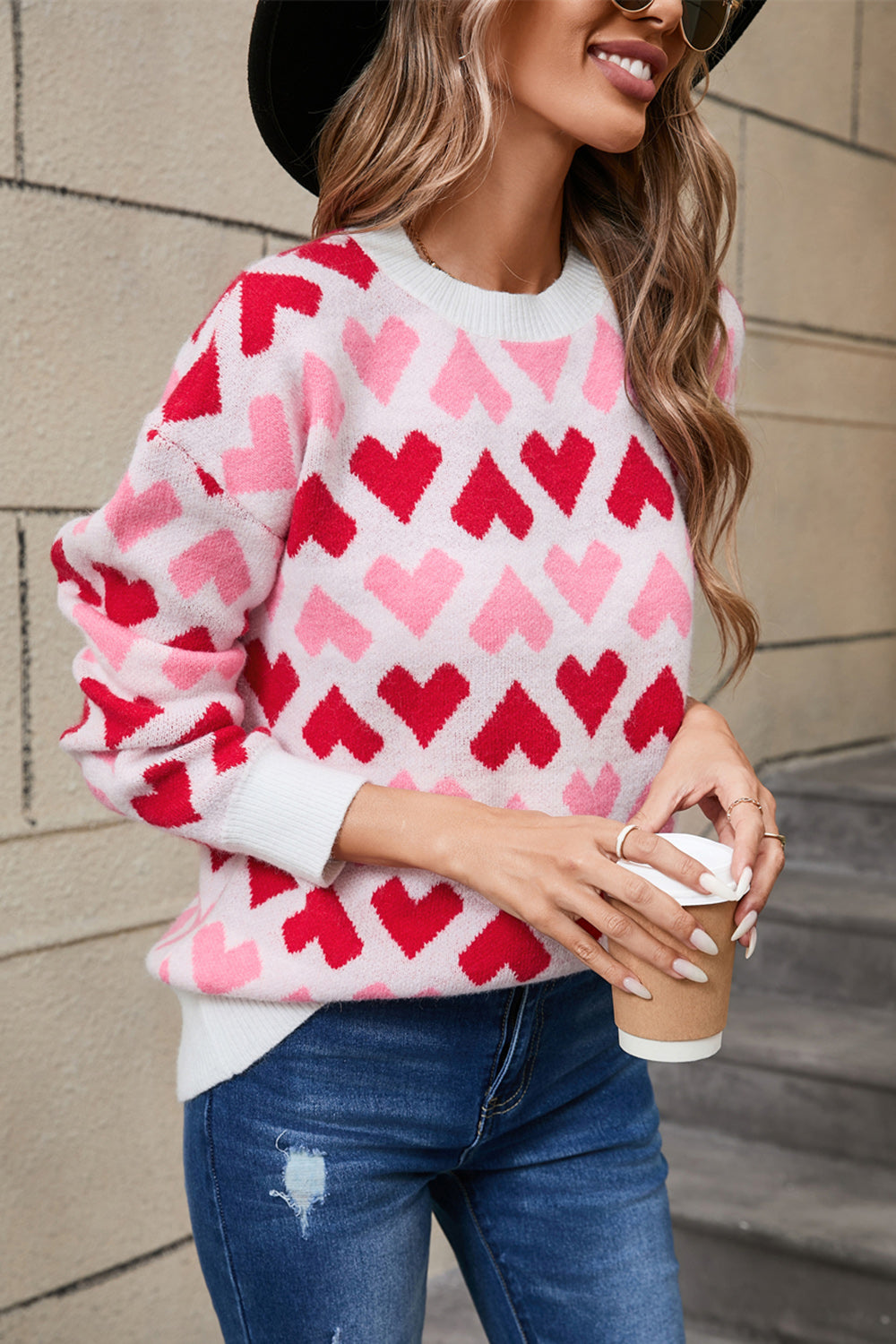 Angel Wings Contrast Heart Round Neck Sweater-Angel Casuals