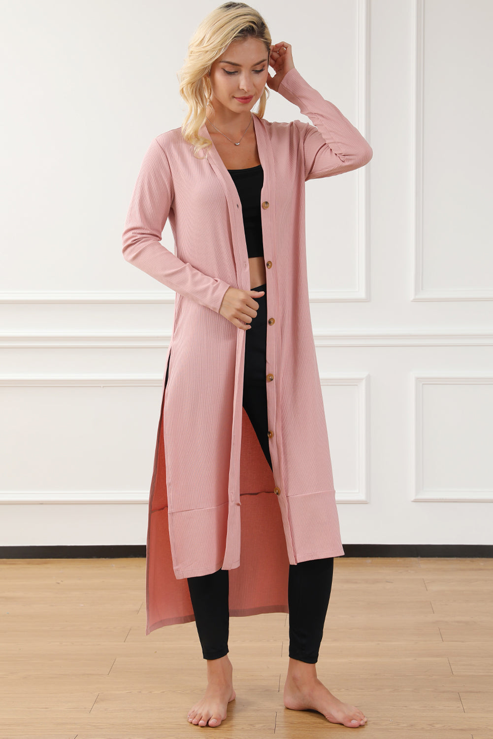 Button Up High-Low Long Sleeve Slit Cardigan-Angel Casuals