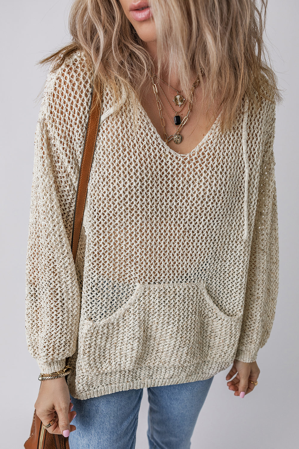 Openwork Dropped Shoulder Hooded Knit Top-Angel Casuals