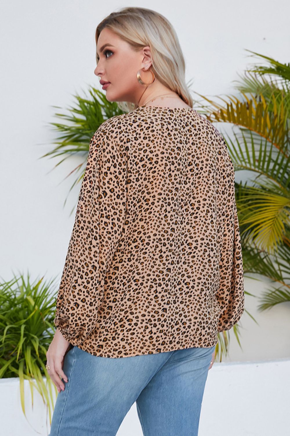 Plus Size Animal Print Balloon Sleeve V-Neck Blouse-Angel Casuals