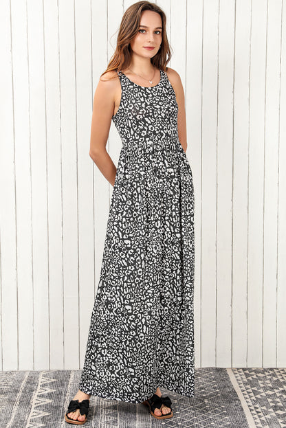 Leopard Round Neck Sleeveless Maxi Dress-Angel Casuals