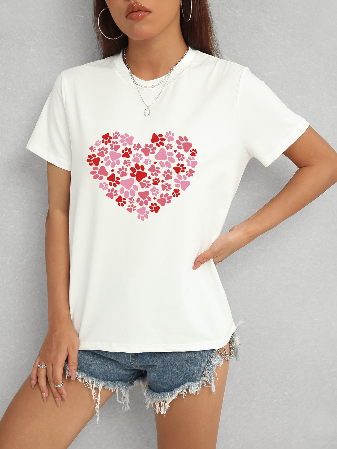 Heart Round Neck Short Sleeve T-Shirt-Angel Casuals