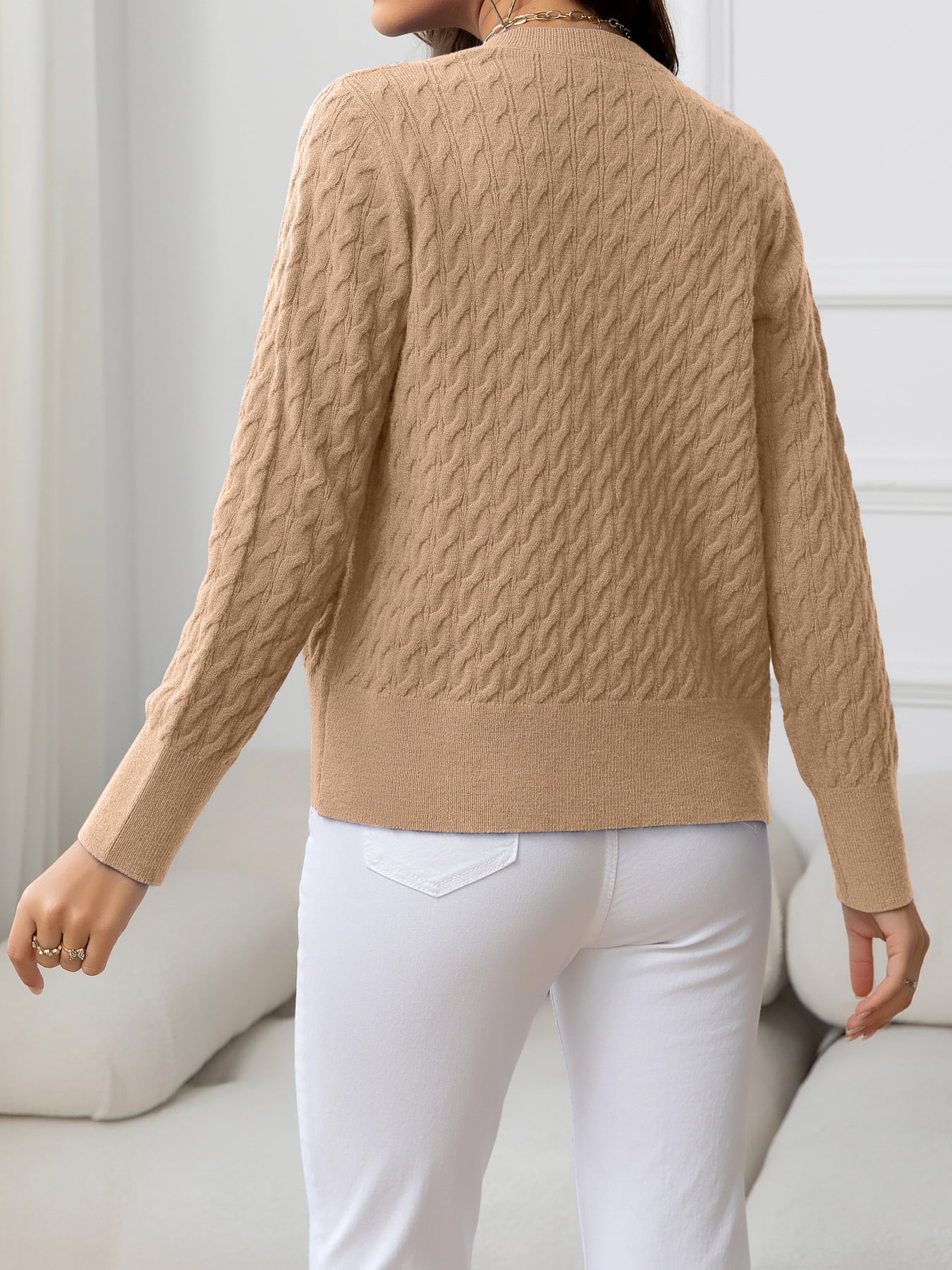 Round Neck Cable-Knit Buttoned Knit Top-Angel Casuals