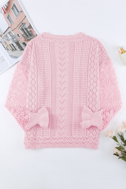 Openwork Round Neck Long Sleeve Sweater-Angel Casuals