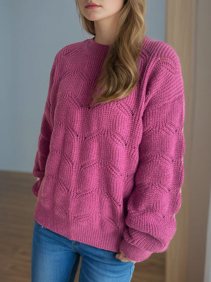 Openwork Round Neck Dropped Shoulder Sweater-Angel Casuals