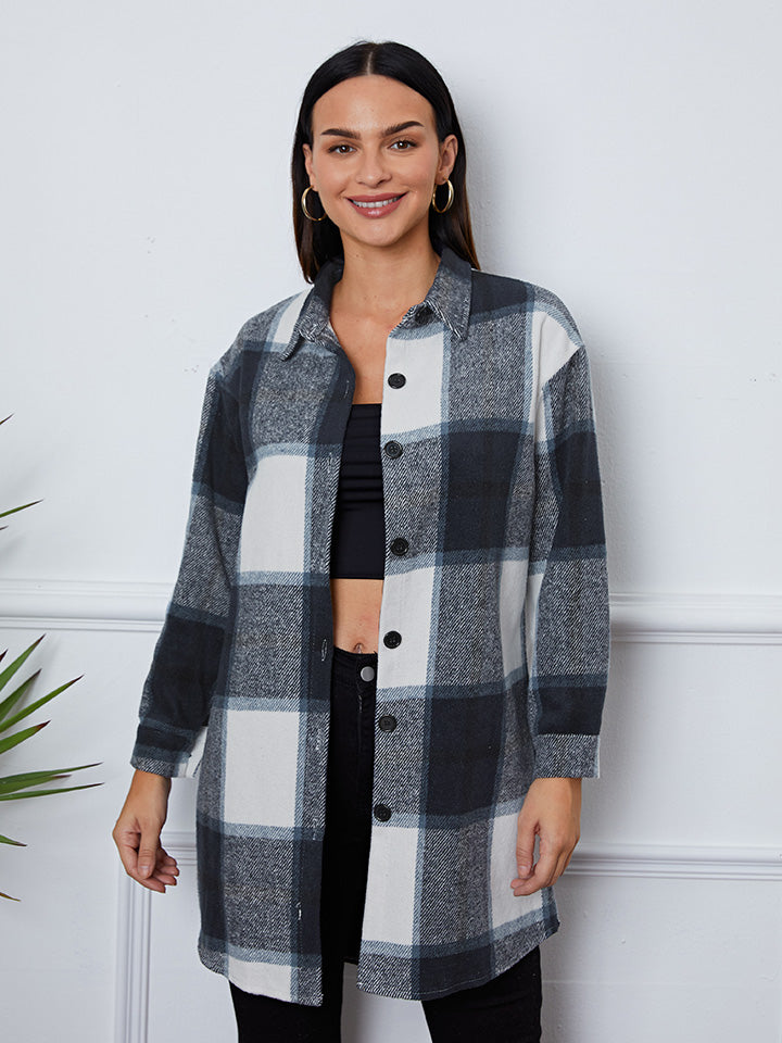 Plaid Button Up Collared Neck Outerwear-Angel Casuals