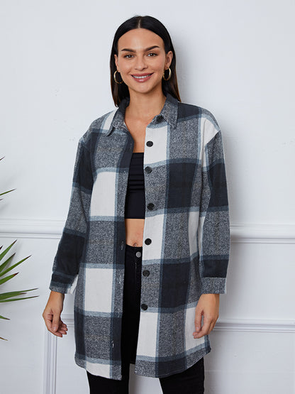 Plaid Button Up Collared Neck Outerwear-Angel Casuals