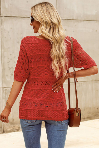 Openwork Round Neck Half Sleeve Knit Top-Angel Casuals