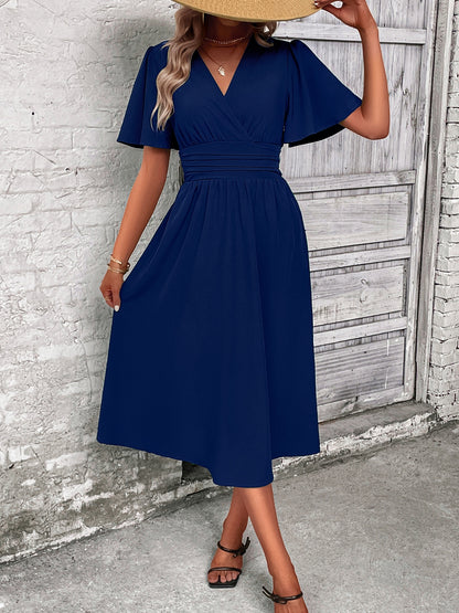 Surplice Flutter Sleeve Midi Dress-Angel Casuals
