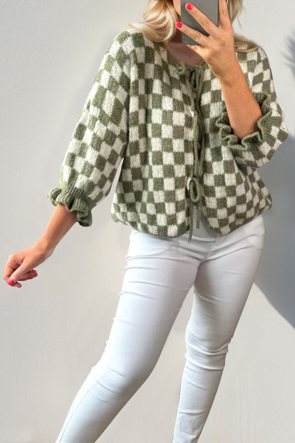 Double Take Tied Checkered Dropped Shoulder Flounce Sleeve Cardigan-Angel Casuals