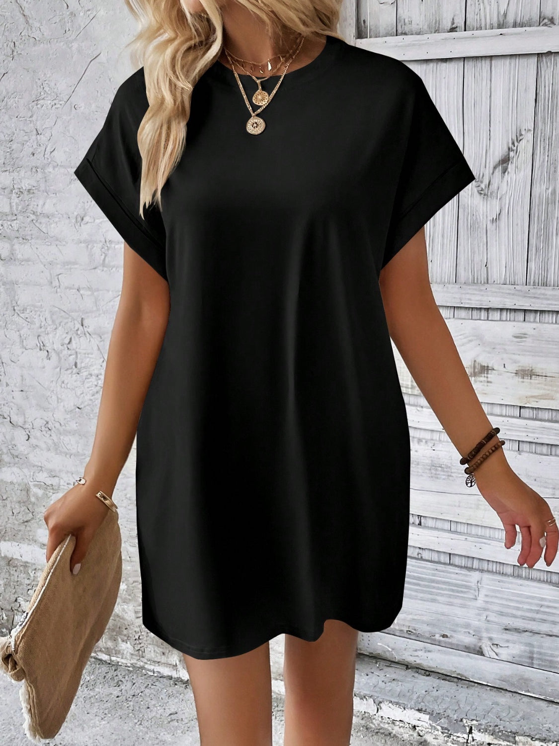 Round Neck Short Sleeve Mini Dress-Angel Casuals