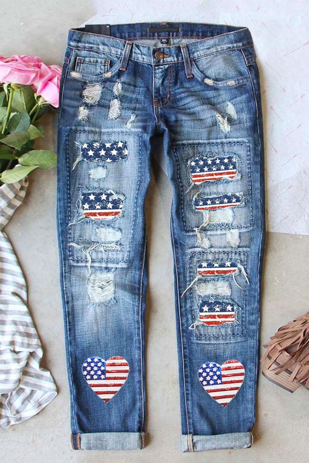 US Flag Distressed Straight Jeans-Angel Casuals