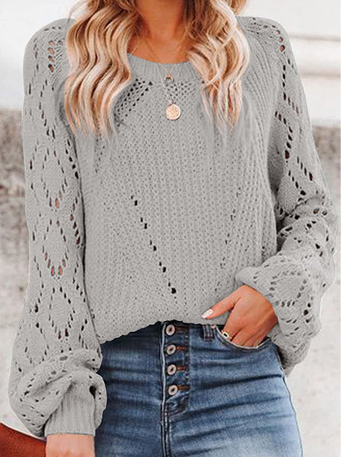 Openwork Round Neck Lantern Sleeve Sweater-Angel Casuals