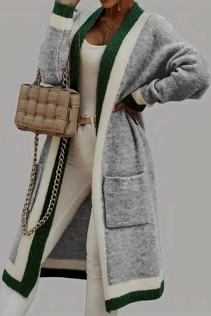 Pocketed Contrast Long Sleeve Hooded Cardigan-Angel Casuals
