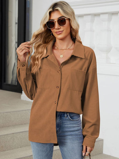 Button Up Dropped Shoulder Long Sleeve Outerwear-Angel Casuals