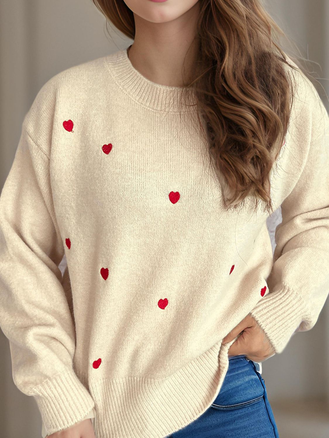 Heart Round Neck Long Sleeve Sweater-Angel Casuals