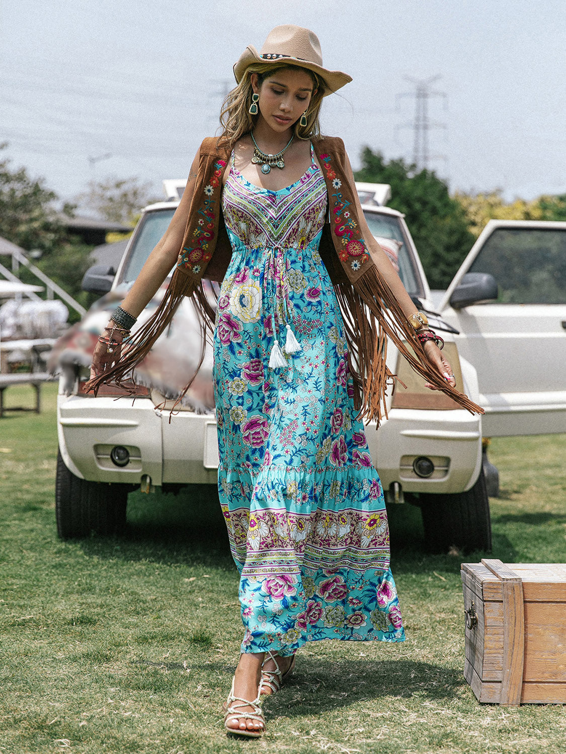 Printed Scoop Neck Sleeveless Maxi Dress-Angel Casuals