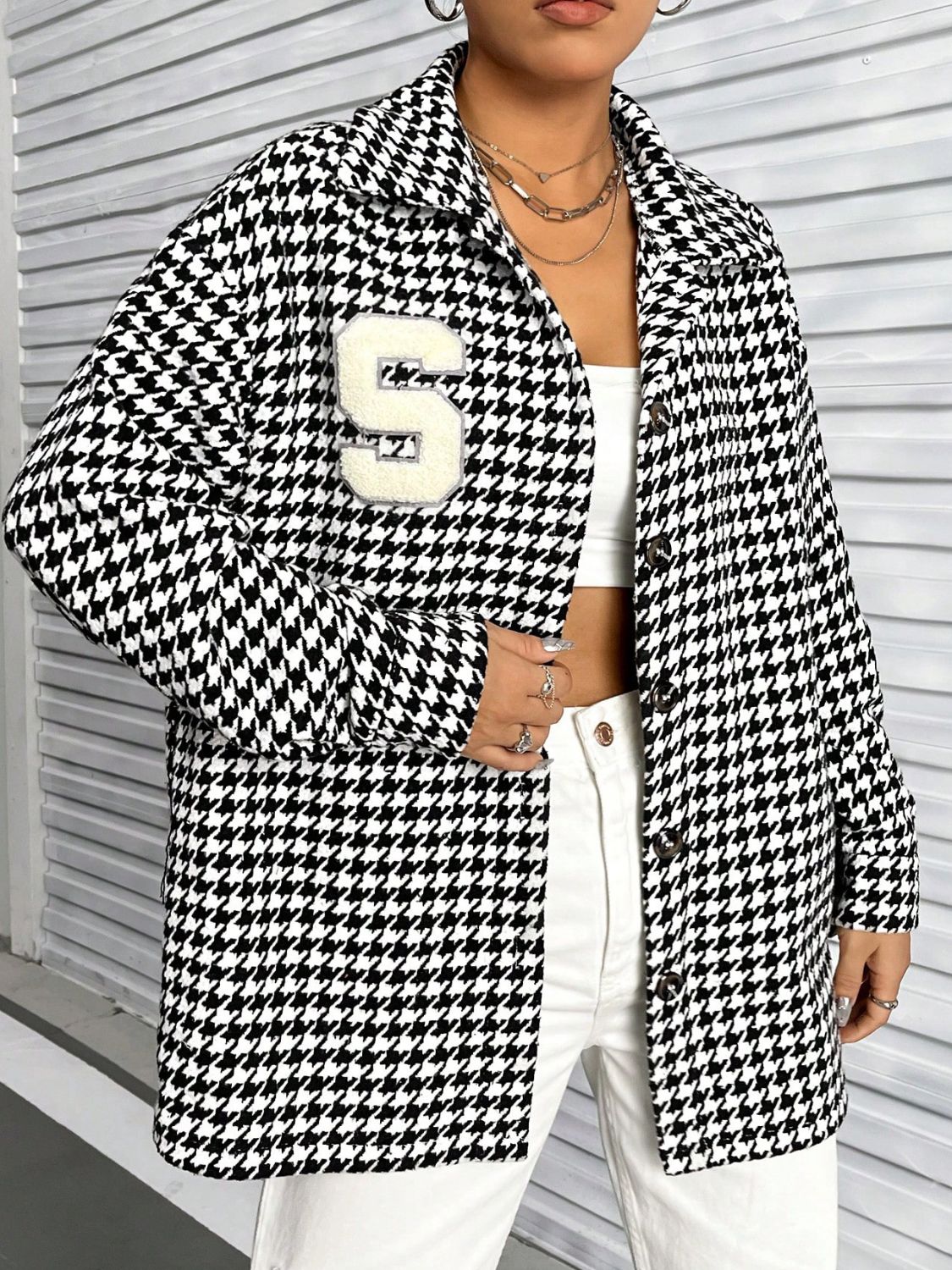 Houndstooth Button Down Long Sleeve Shacket-Angel Casuals