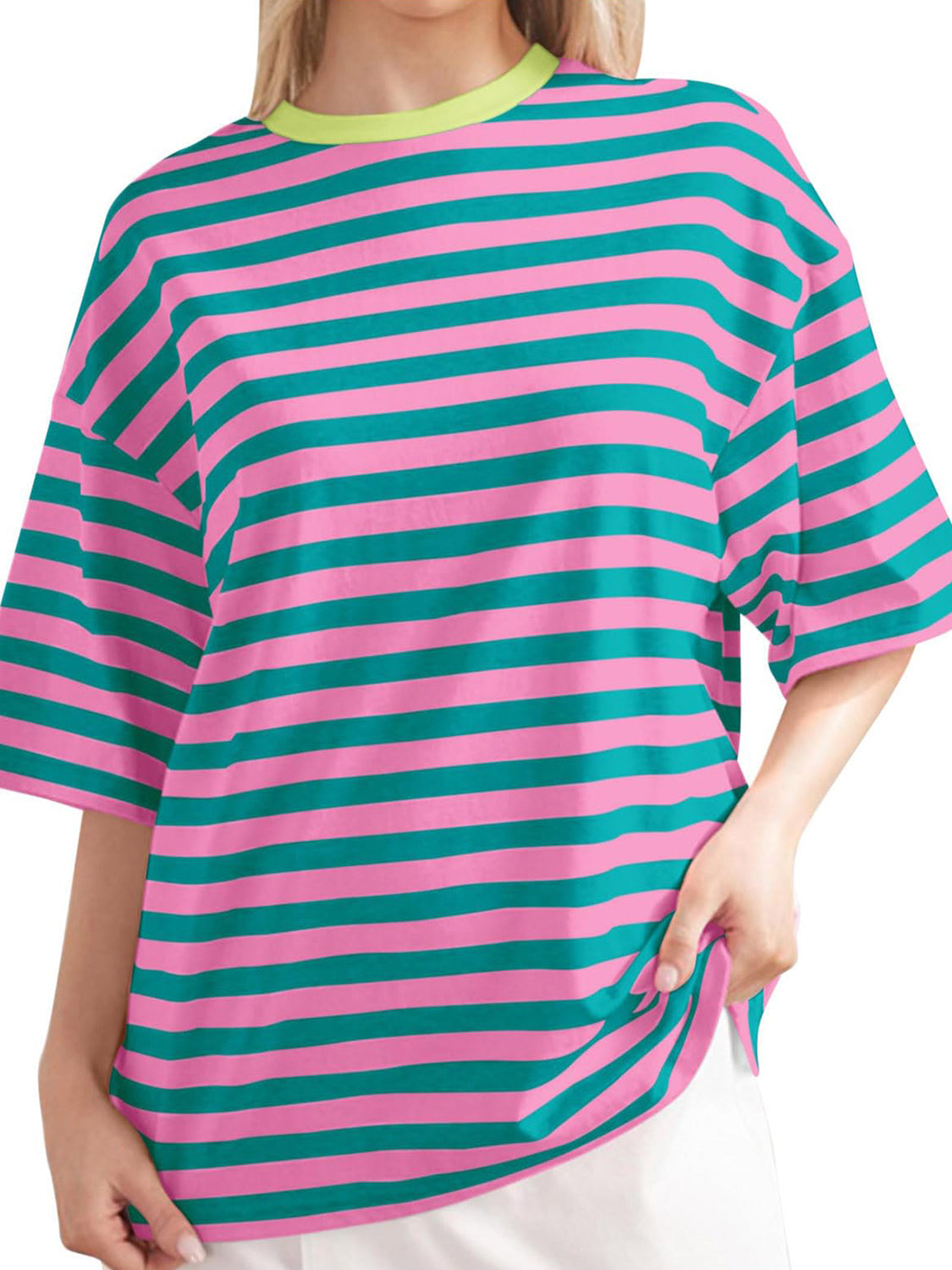 Striped Round Neck Half Sleeve T-Shirt-Angel Casuals