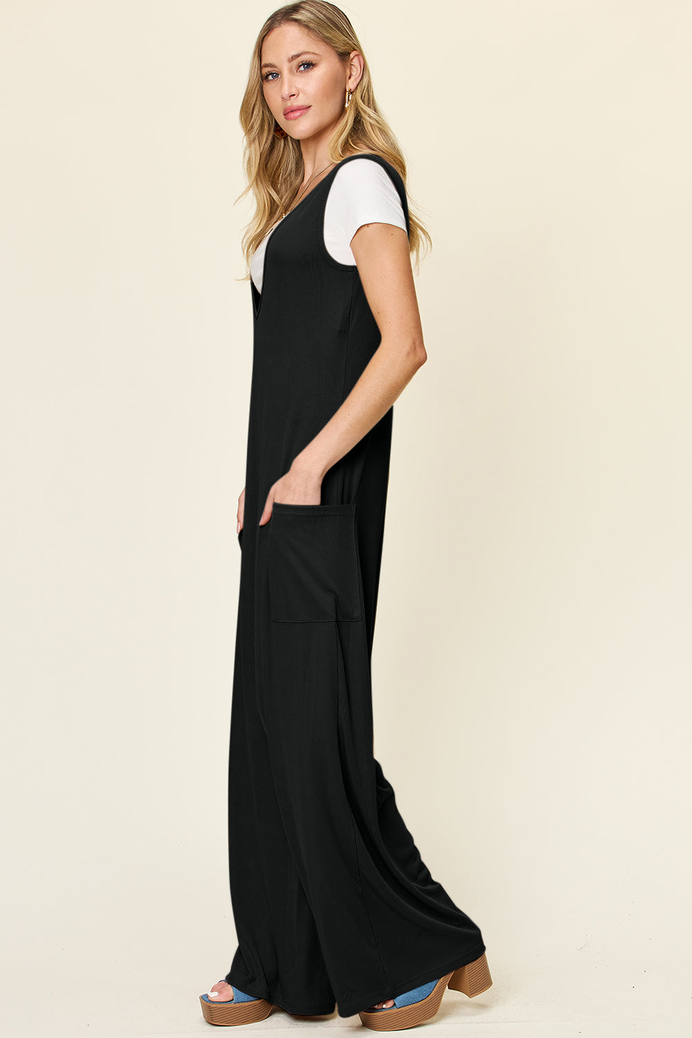 Double Take Full Size Sleeveless Wide Leg Jumpsuit with Pockets-Angel Casuals