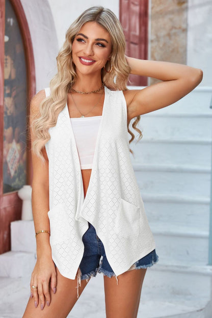 Eyelet Open Front Sleeveless Cardigan-Angel Casuals