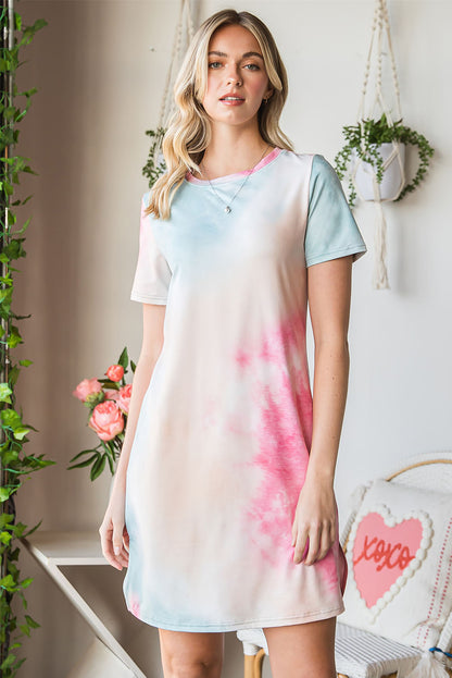 Tie-Dye Round Neck Short Sleeve Slit Dress-Angel Casuals