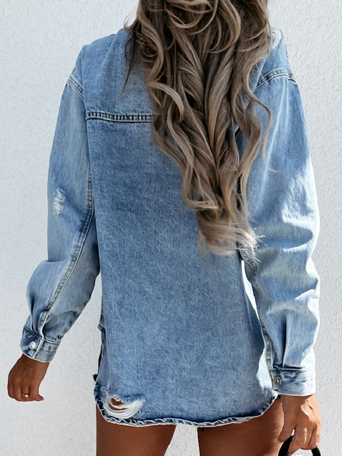 Distressed Snap Down Denim Jacket-Angel Casuals