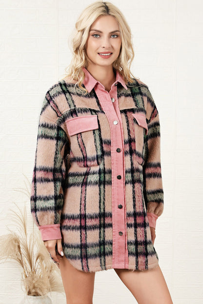 Plaid Button Down Drop Shoulder Jacket-Angel Casuals