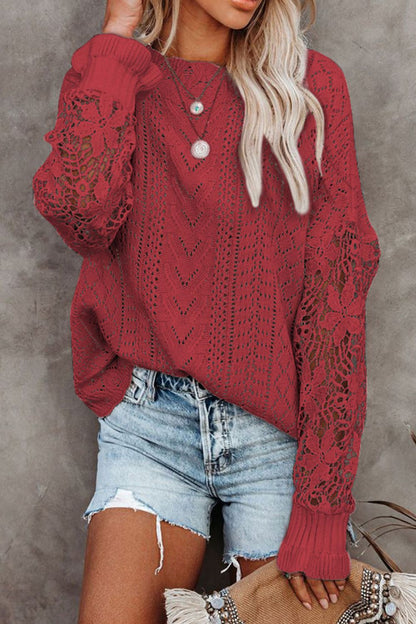 Openwork Round Neck Long Sleeve Sweater-Angel Casuals