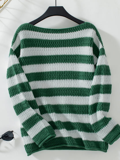 Striped Dropped Shoulder Long Sleeve Sweater-Angel Casuals