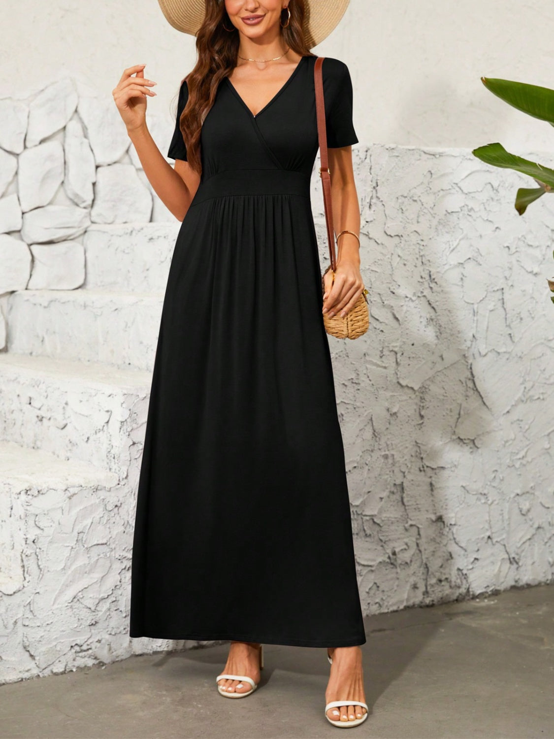 Surplice Short Sleeve Maxi Dress-Angel Casuals