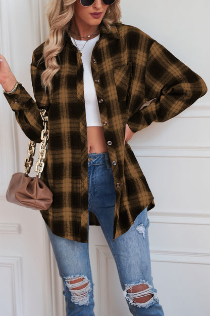 Plaid Button Up Dropped Shoulder Outerwear-Angel Casuals