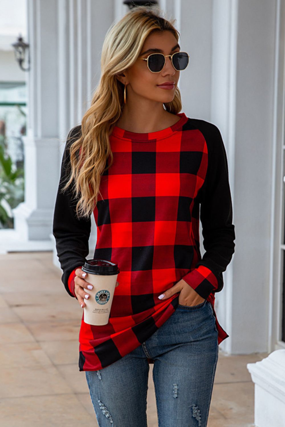 Plaid Round Neck Long Sleeve T-Shirt-Angel Casuals