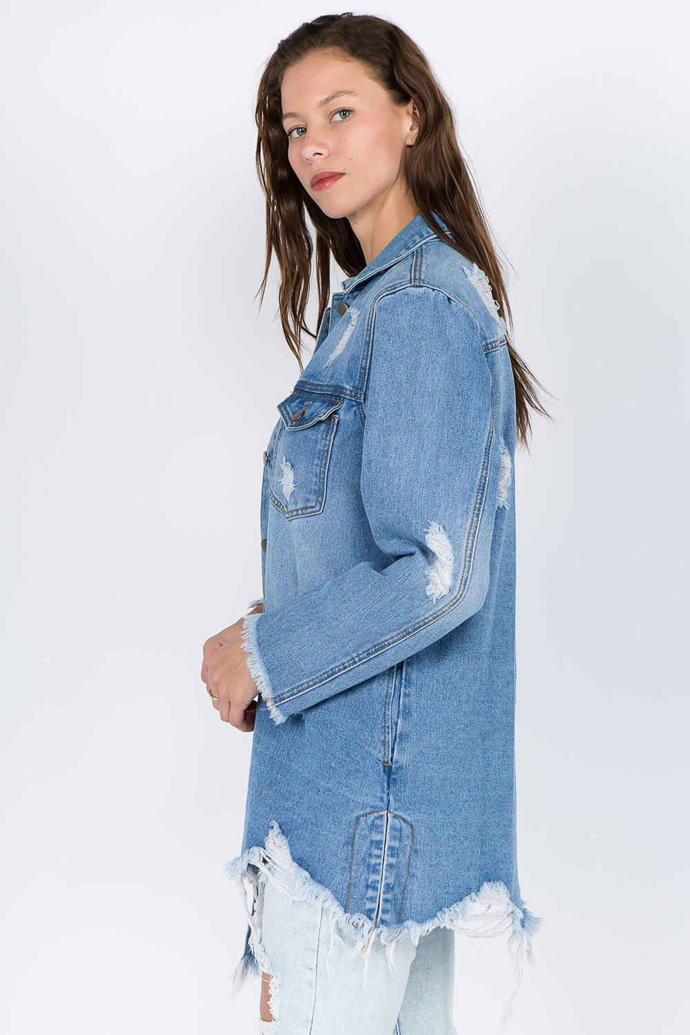 American Bazi Distressed Frayed Hem Denim Jacket-Angel Casuals