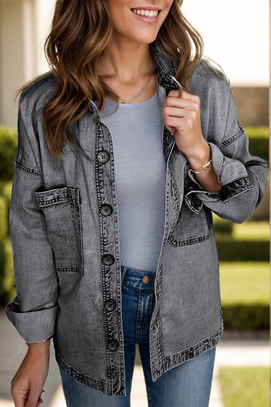 Button Up Long Sleeve Denim Jacket-Angel Casuals