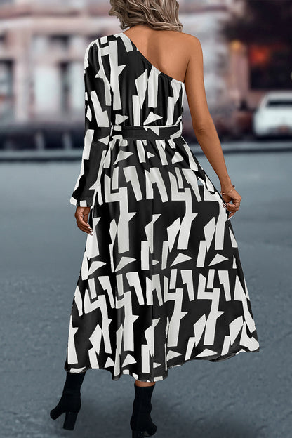 Printed One-Shoulder Tie Waist Dress-Angel Casuals