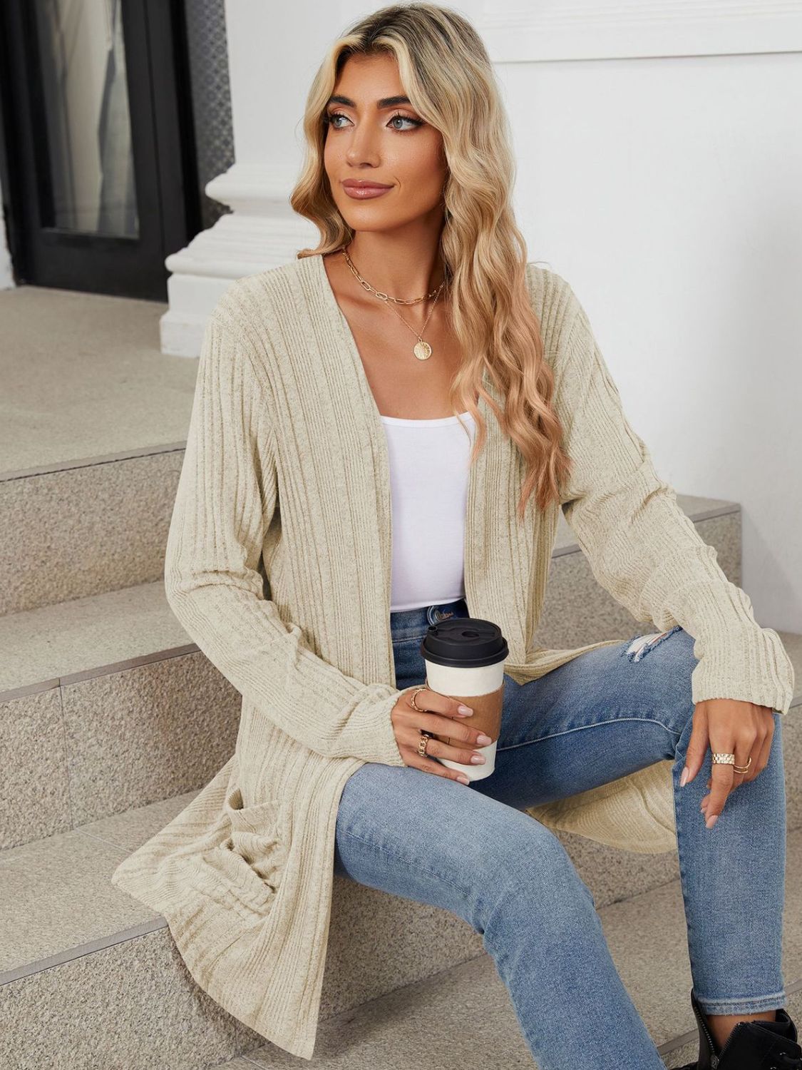 Pocketed Open Front Long Sleeve Cardigan-Angel Casuals