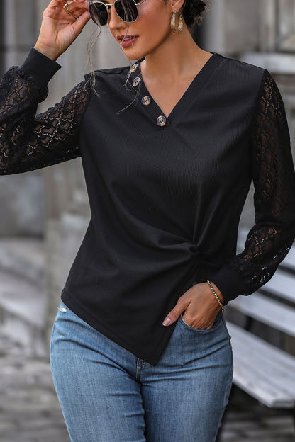 Twisted Decorative Button Long Sleeve T-Shirt-Angel Casuals