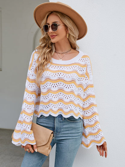 Round Neck Openwork Flare Sleeve Knit Top-Angel Casuals