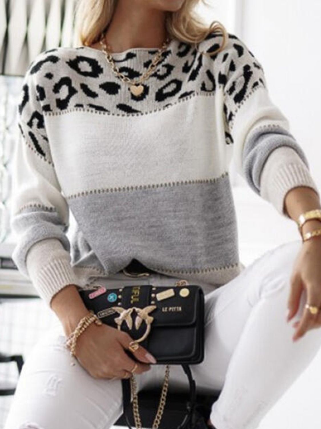 Leopard Color Block Round Neck Long Sleeve Sweater-Angel Casuals