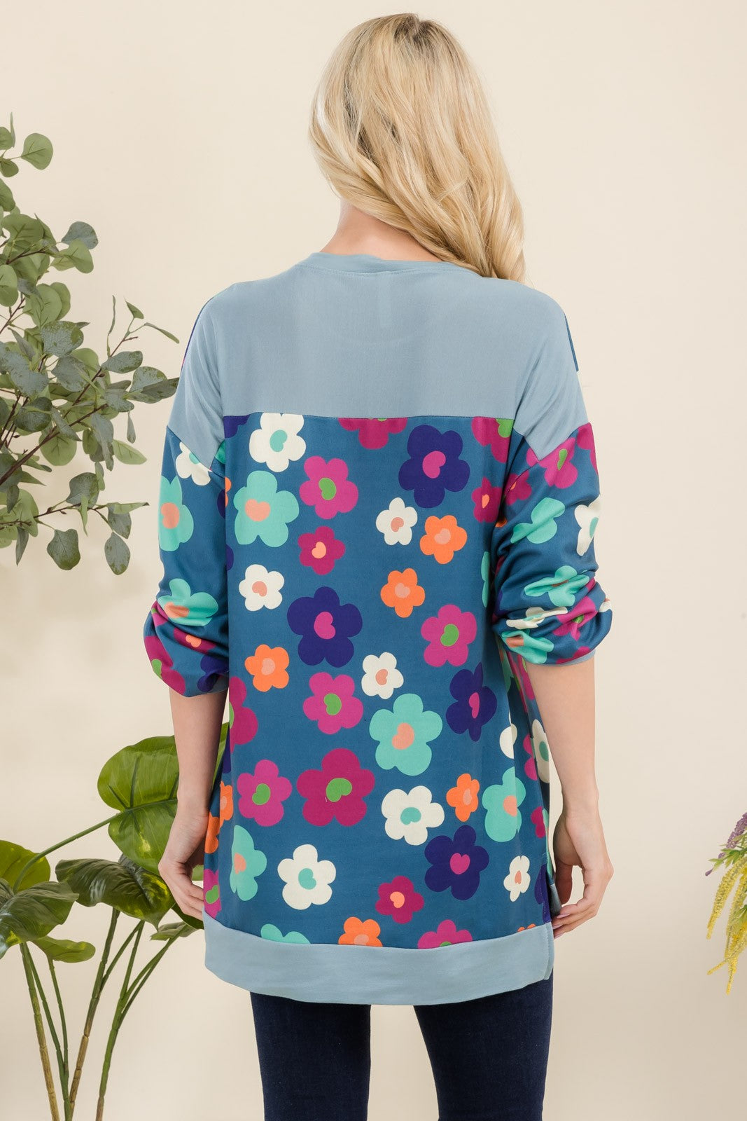 Celeste Full Size Side Slit Flower Print Long Sleeve Top-Angel Casuals